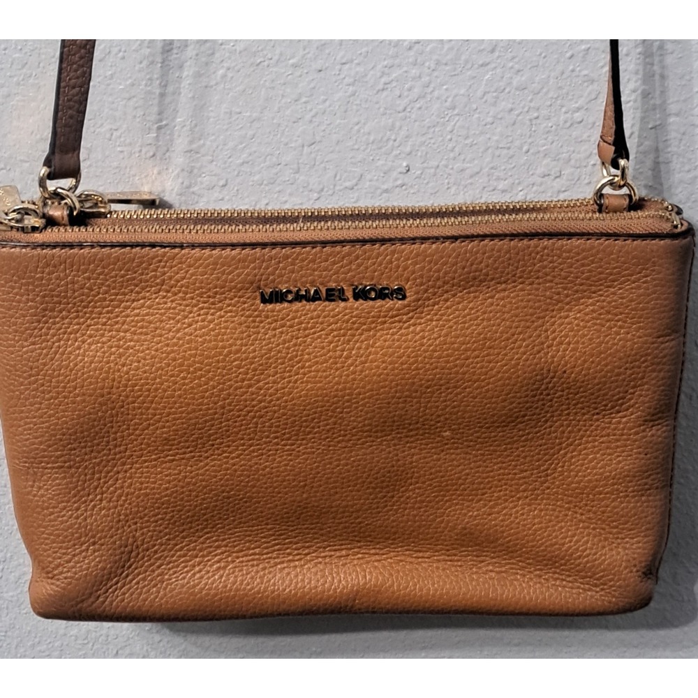 Michael Kors Jet Set Signature MK Large Double Zip Crossbody Brown Tan Leather - Picture 3 of 13